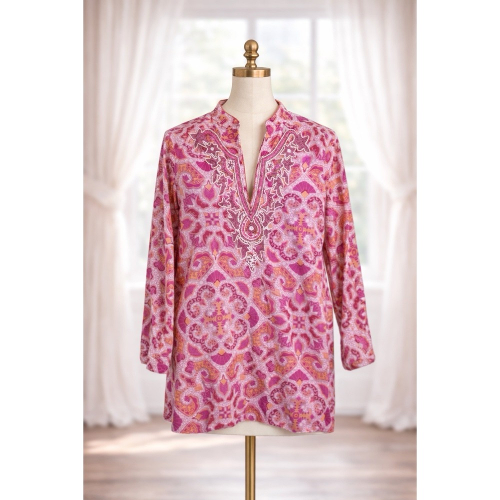Peck & Peck Weekend Popover Too Pink Embellished Beaded Neckline 3/4 Slv Size M